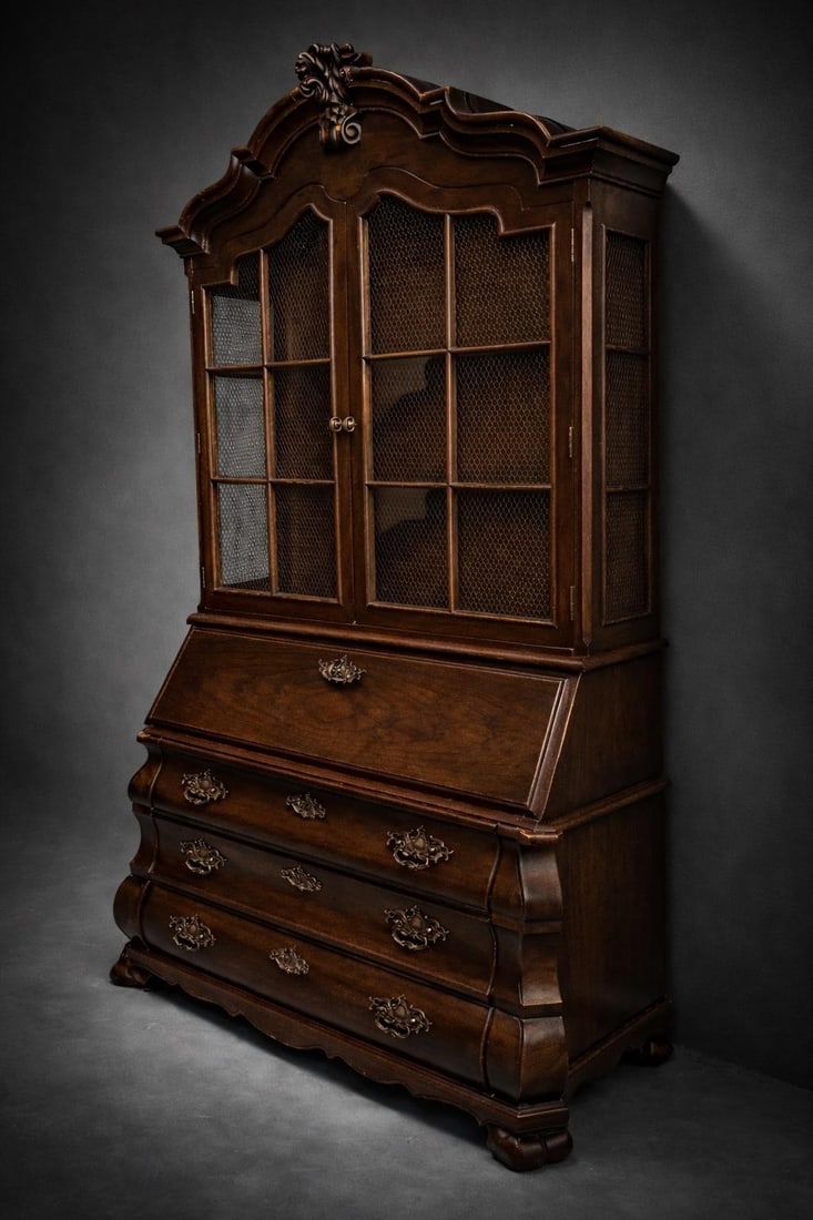 Vintage Henredon Architectural Secretary Desk With Brass Mesh Doors & Bombe Drawers – Rich - 6