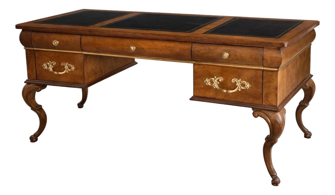 Late 20th Century Queen Anne Style Burl Wood Executive Desk With Tooled Leather Writing Surface (1 of 9)