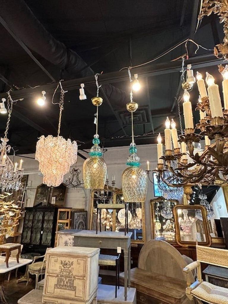 Pair of Modern Champagne Colored and Teal Murano Glass Pendants - 3