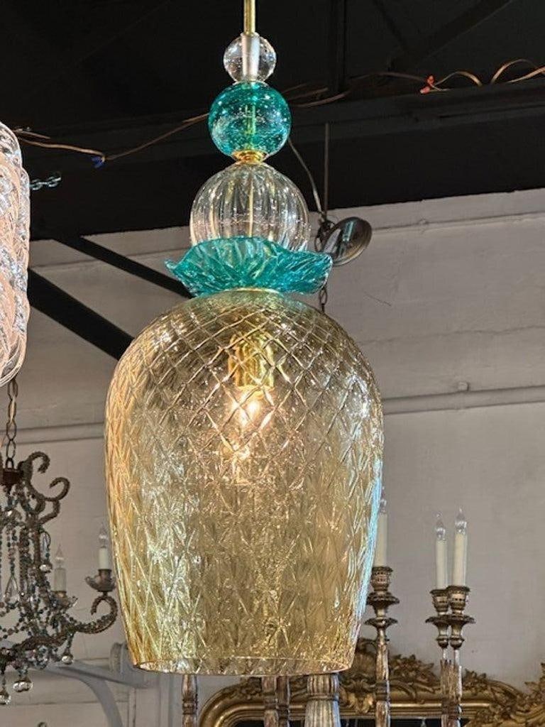 Pair of Modern Champagne Colored and Teal Murano Glass Pendants - 4