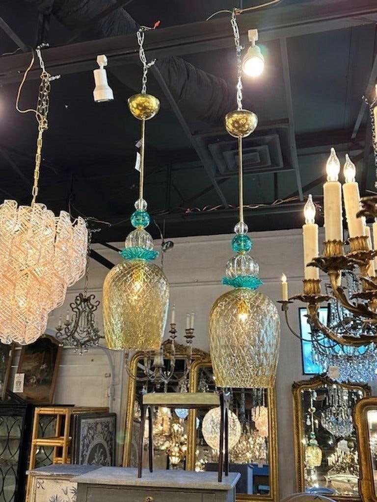 Pair of Modern Champagne Colored and Teal Murano Glass Pendants - 6