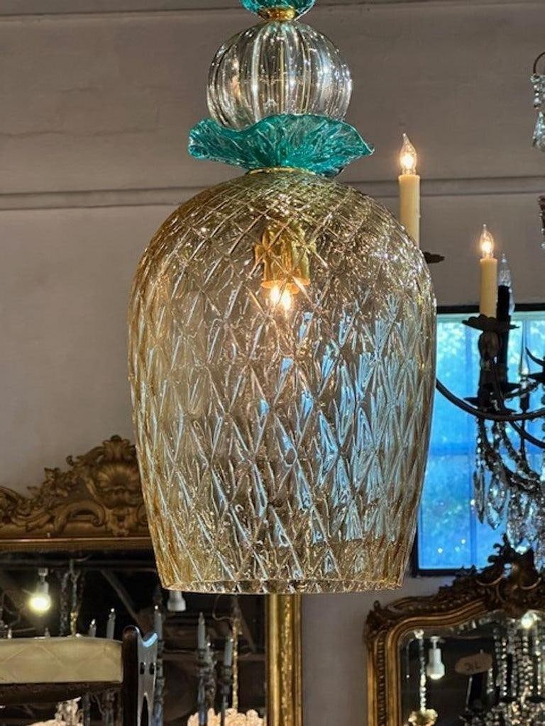 Pair of Modern Champagne Colored and Teal Murano Glass Pendants - 7