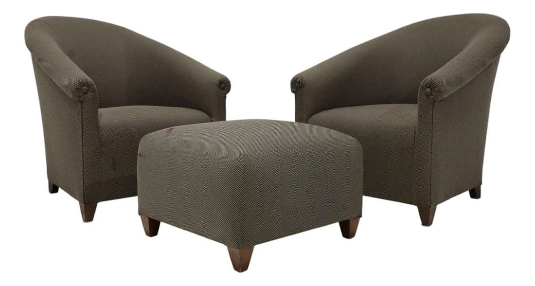 Pair of John Hutton for Donghia Ghost Chairs With Ottoman: Ready for fabric of your choice, these very comfortable Ghost Chairs designed by John Hutton for Donghia will add beauty to any room. We can help with fabric selection and upholstery. Chairs are