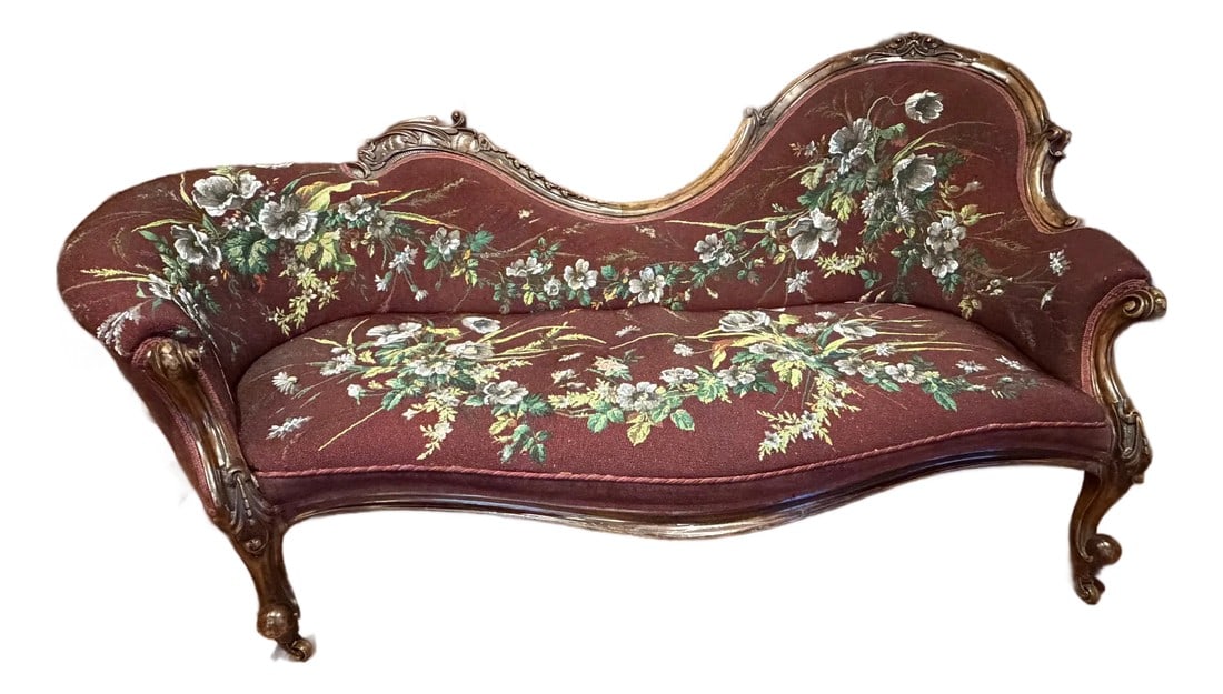 Antique Victorian Carved Walnut Chaise Lounge "Fainting Couch" With Hand-Beaded Floral Upholster: Elegant late 19th-century Victorian Fainting Couch chaise lounge featuring a beautifully carved walnut frame and striking hand-beaded floral upholstery. The serpentine back and seat follow the