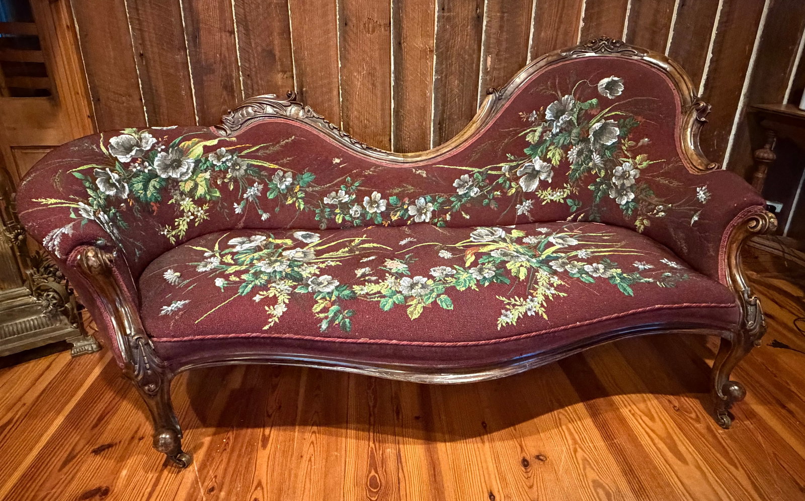 Antique Victorian Carved Walnut Chaise Lounge "Fainting Couch" With Hand-Beaded Floral Upholster - 4