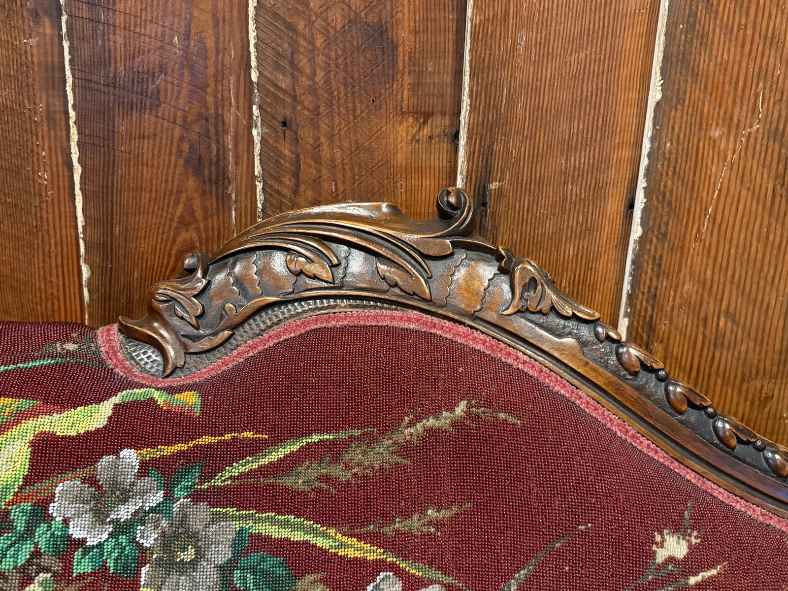 Antique Victorian Carved Walnut Chaise Lounge "Fainting Couch" With Hand-Beaded Floral Upholster - 5