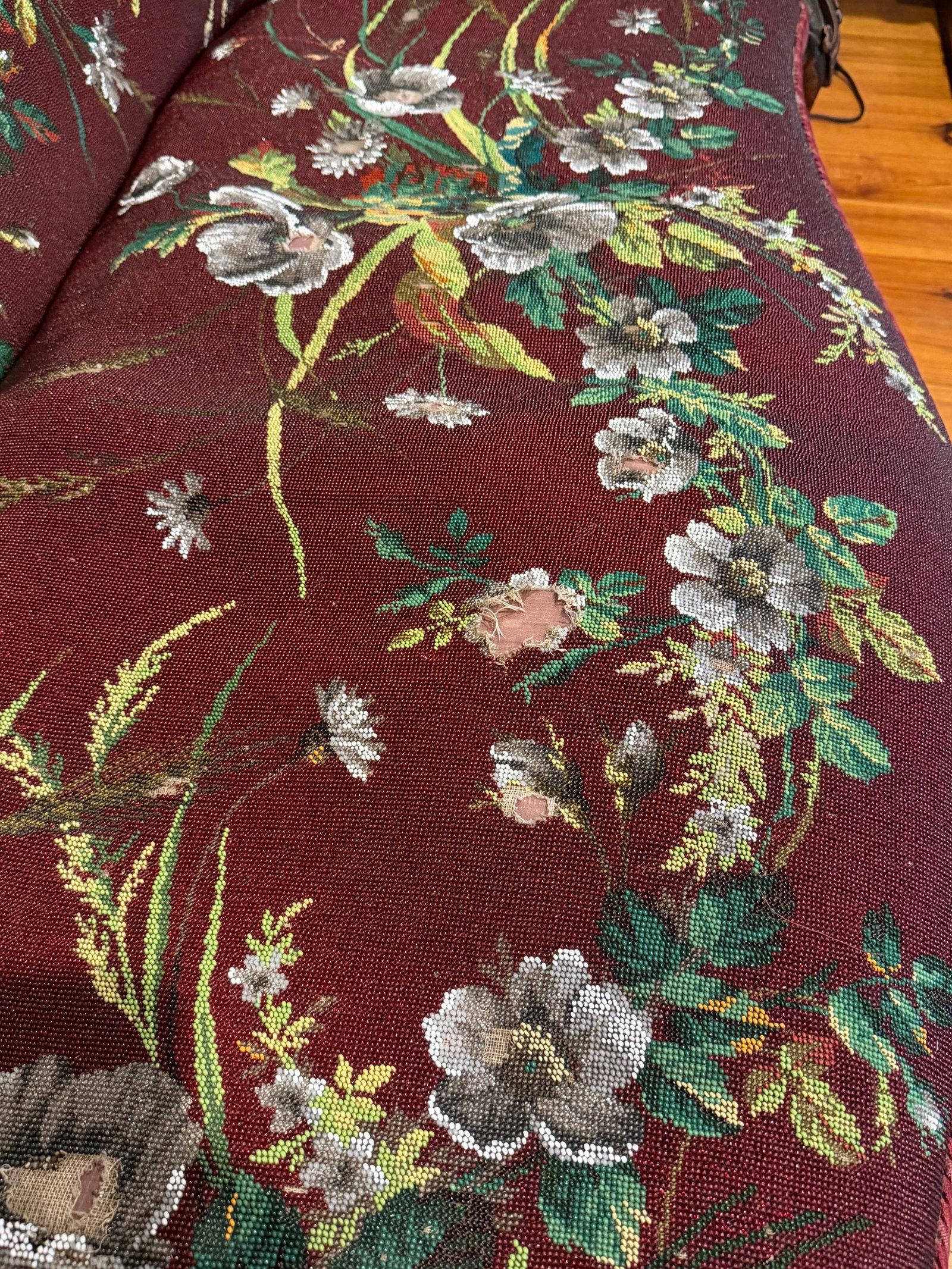 Antique Victorian Carved Walnut Chaise Lounge "Fainting Couch" With Hand-Beaded Floral Upholster - 8