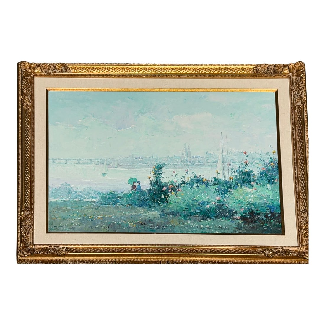 Henri Dupre Original Mid Century Impressionist Oil Painting: Original Henri Dupre Mid-Century Impressionist oil painting on canvas. This stunning work features a serene riverside garden scene with figures under a parasol, sailboats on the water, and a distant