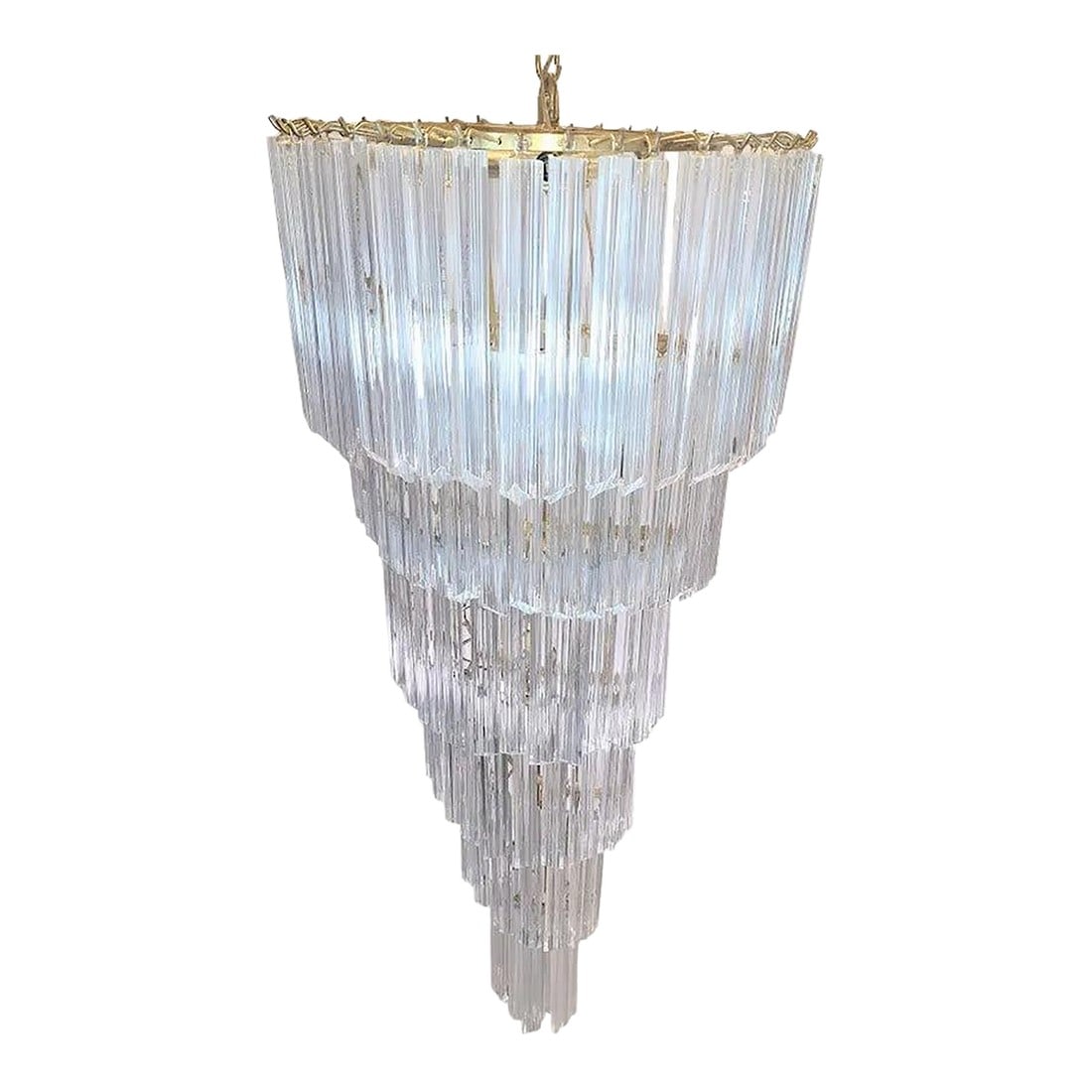 Very Large Vintage Italian Murano Glass Spiral Chandelier 55": Vintage Italian Murano glass spiral chandelier, featuring a gilded brass frame and cascading clear glass prisms, dating from the 1970s. Clear Murano glass (prism) 55" L, 21"W, with existing