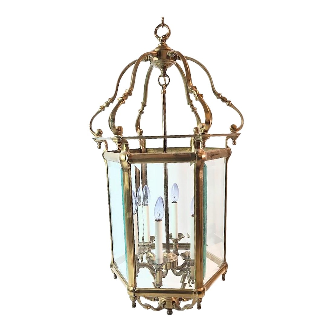 Very Large Old Regency Brass Lantern Early 1900 English: Very large hexacon hall or stairway regency brass lantern with beveled glass panels and 6 lights, early 1900 English. Very heavy. 38" H, 19.5" W, chain 51" long Condition: Alterations: Original