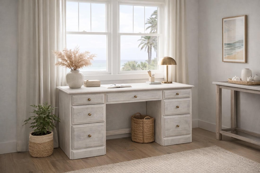 Vintage Solid Pine Scandinavian Style Limewash Double-Pedestal Writing Desk - 10