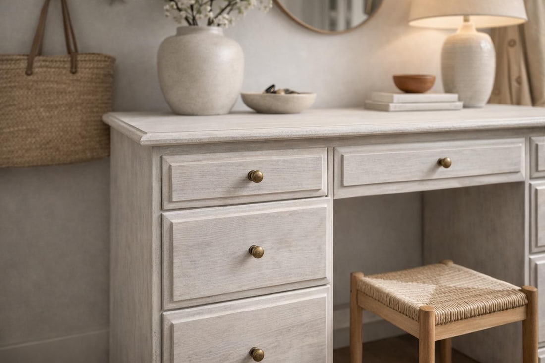 Vintage Solid Pine Scandinavian Style Limewash Double-Pedestal Writing Desk - 11