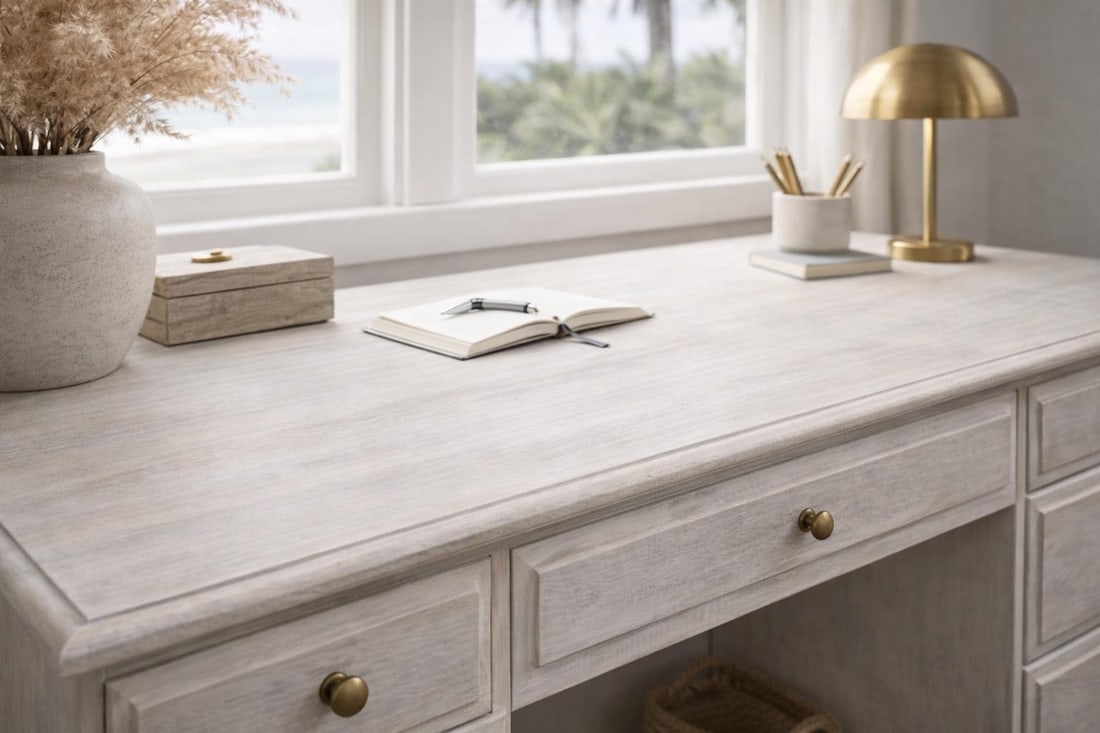 Vintage Solid Pine Scandinavian Style Limewash Double-Pedestal Writing Desk - 12