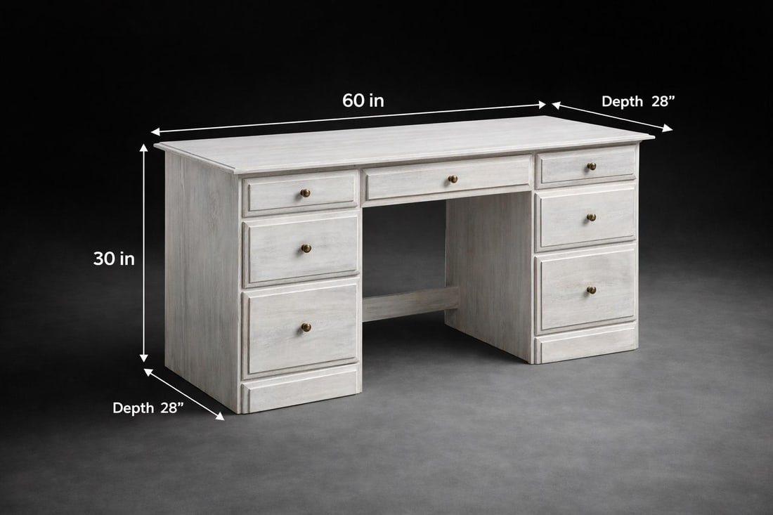 Vintage Solid Pine Scandinavian Style Limewash Double-Pedestal Writing Desk - 2