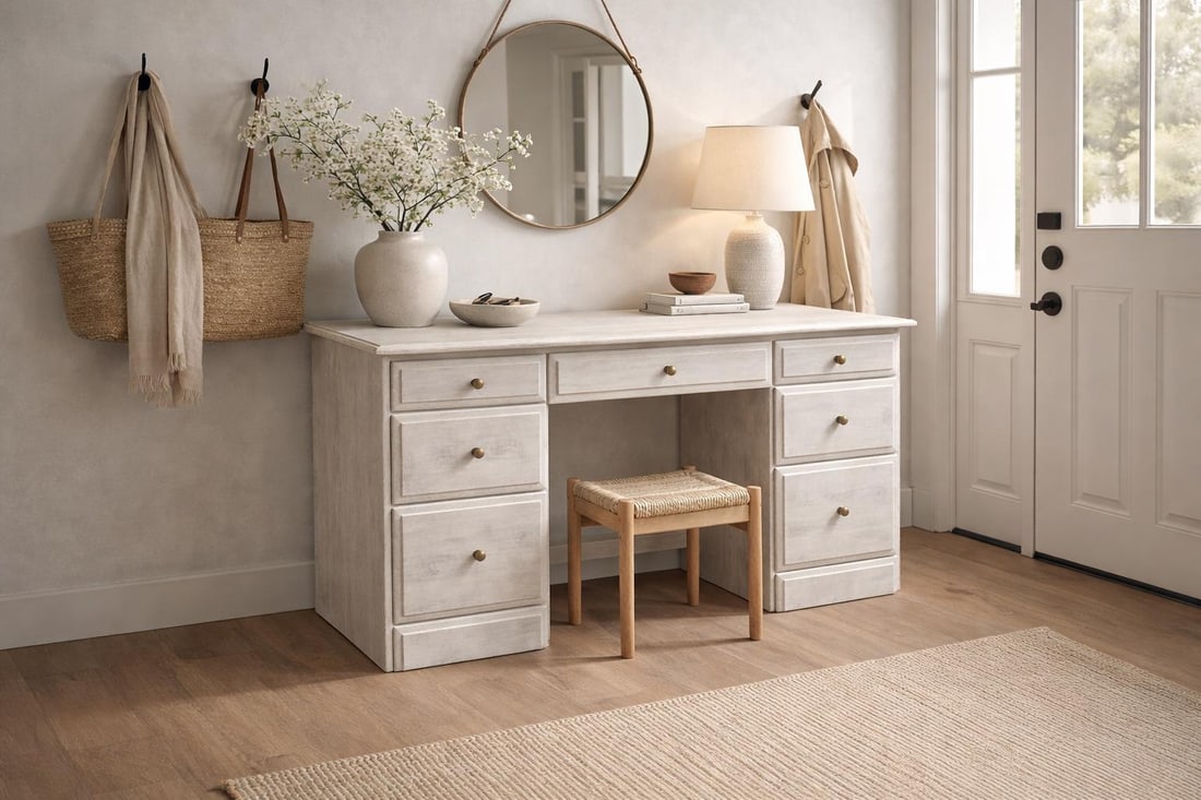 Vintage Solid Pine Scandinavian Style Limewash Double-Pedestal Writing Desk - 6