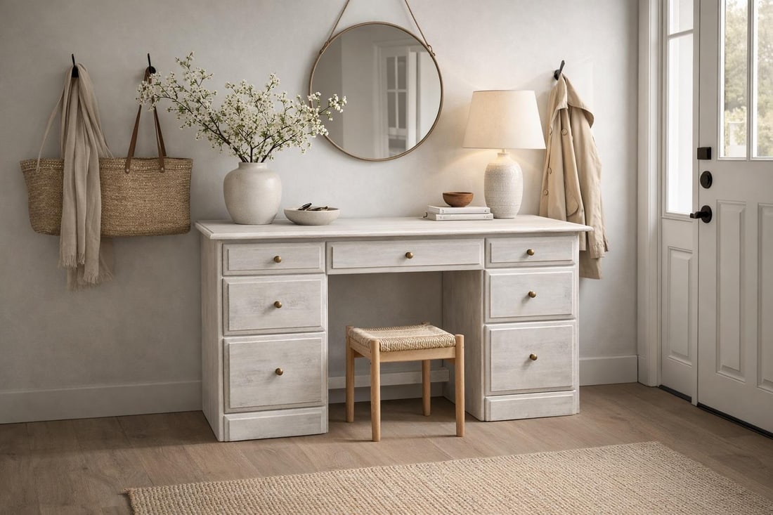 Vintage Solid Pine Scandinavian Style Limewash Double-Pedestal Writing Desk - 7