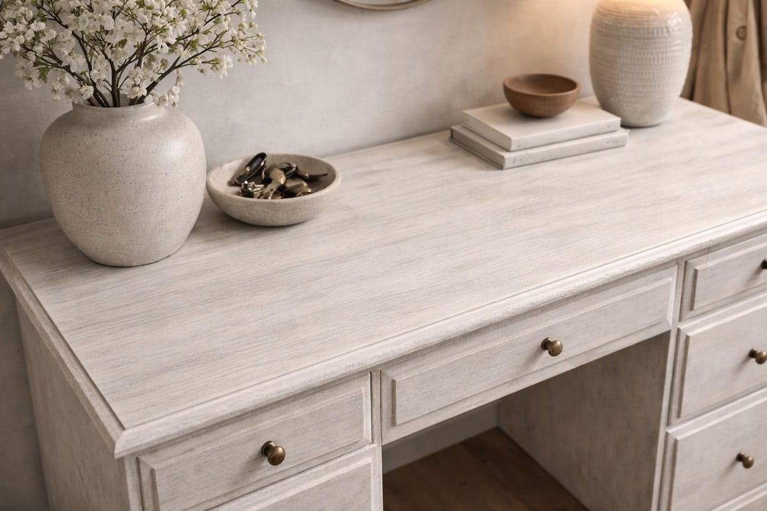 Vintage Solid Pine Scandinavian Style Limewash Double-Pedestal Writing Desk - 8