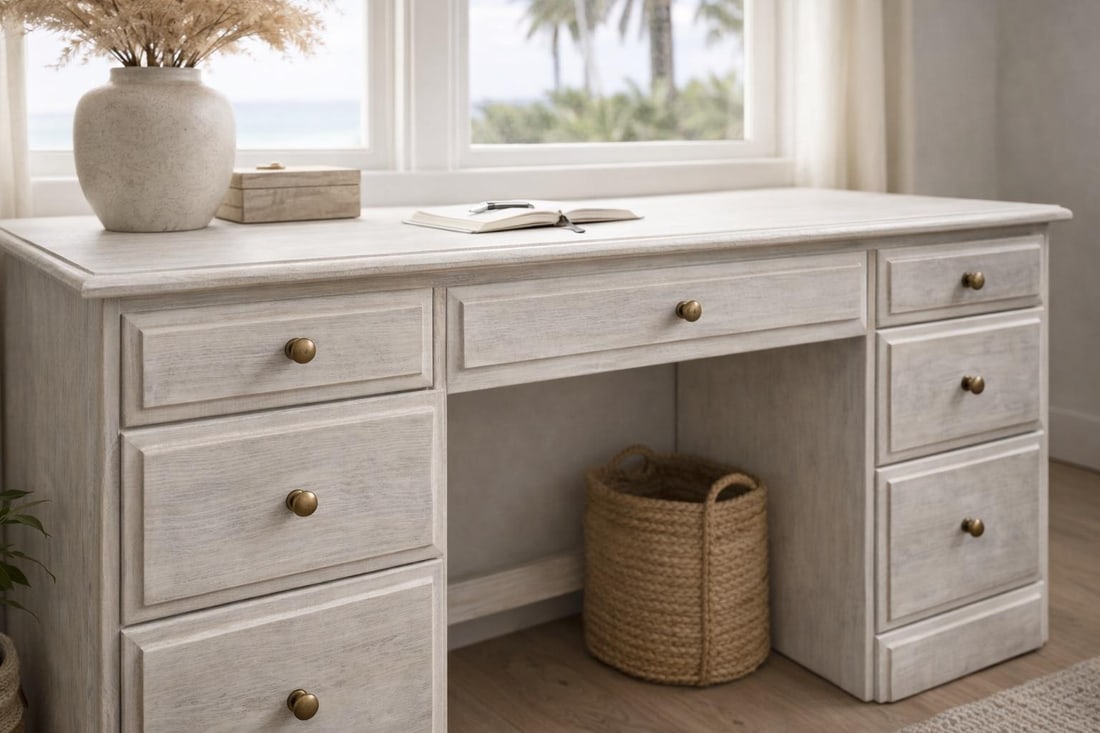 Vintage Solid Pine Scandinavian Style Limewash Double-Pedestal Writing Desk - 9