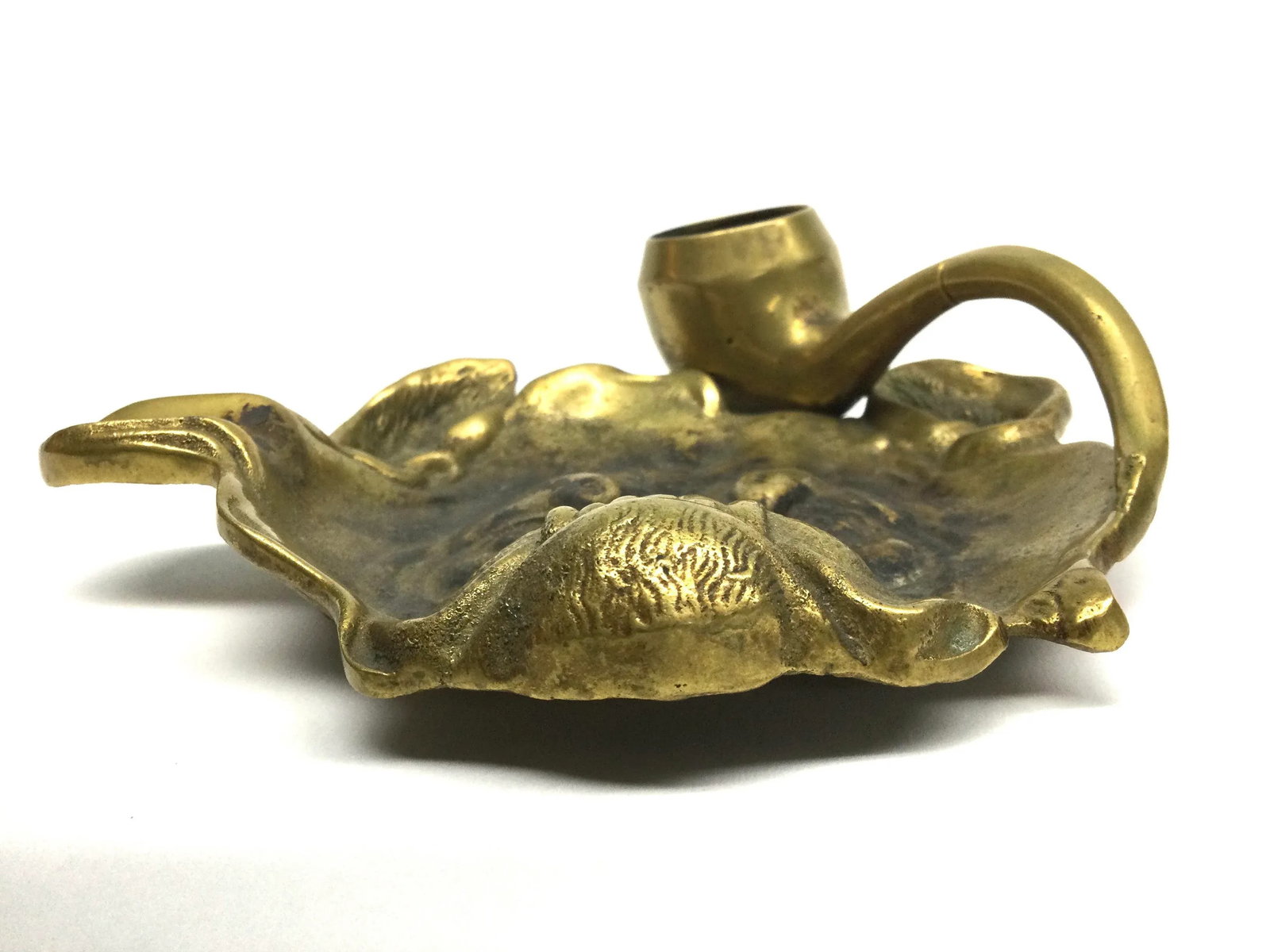 Antique Victorian Solid Brass Carved Bulldog Ashtray Match Holder - 12