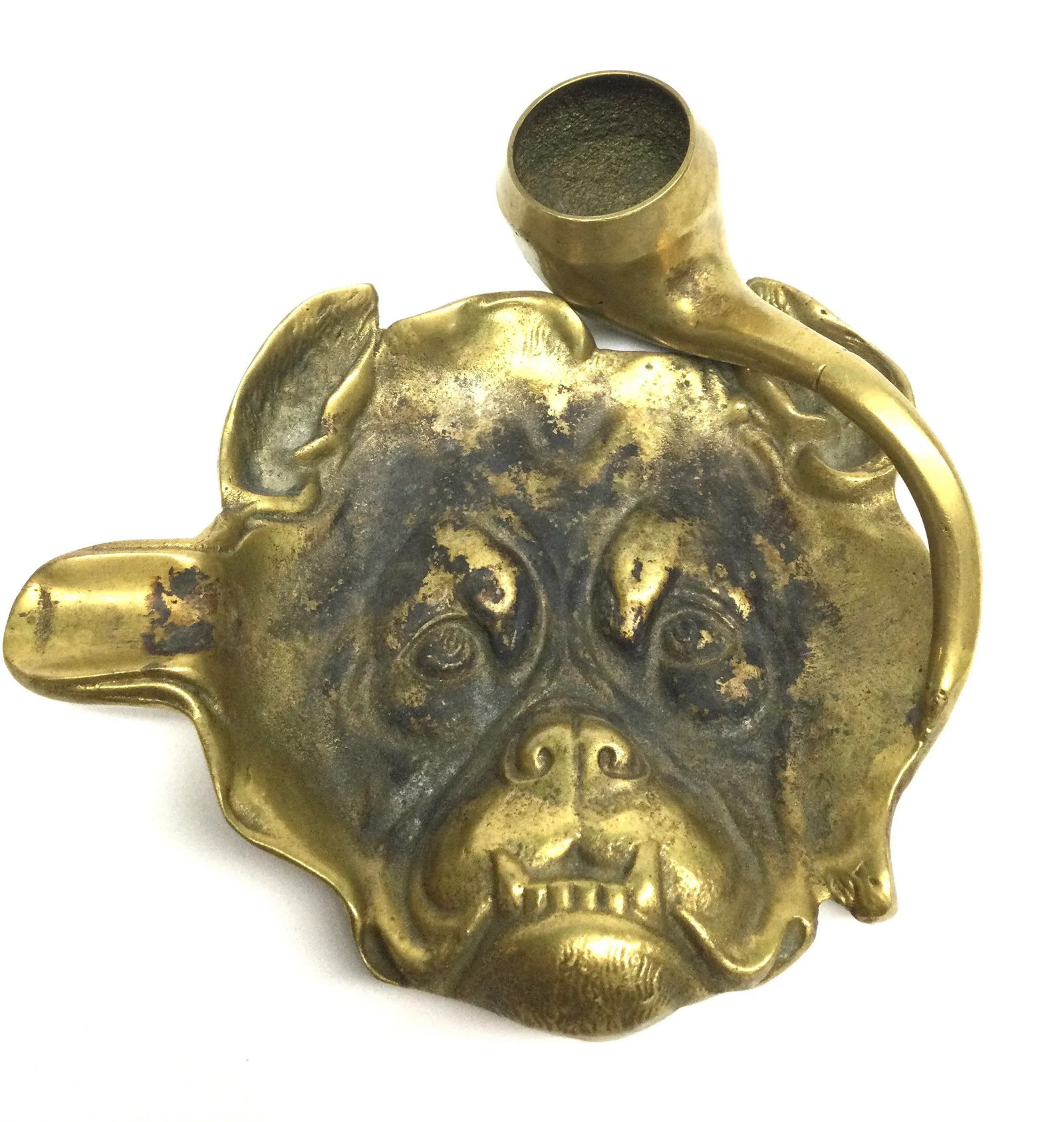 Antique Victorian Solid Brass Carved Bulldog Ashtray Match Holder - 13