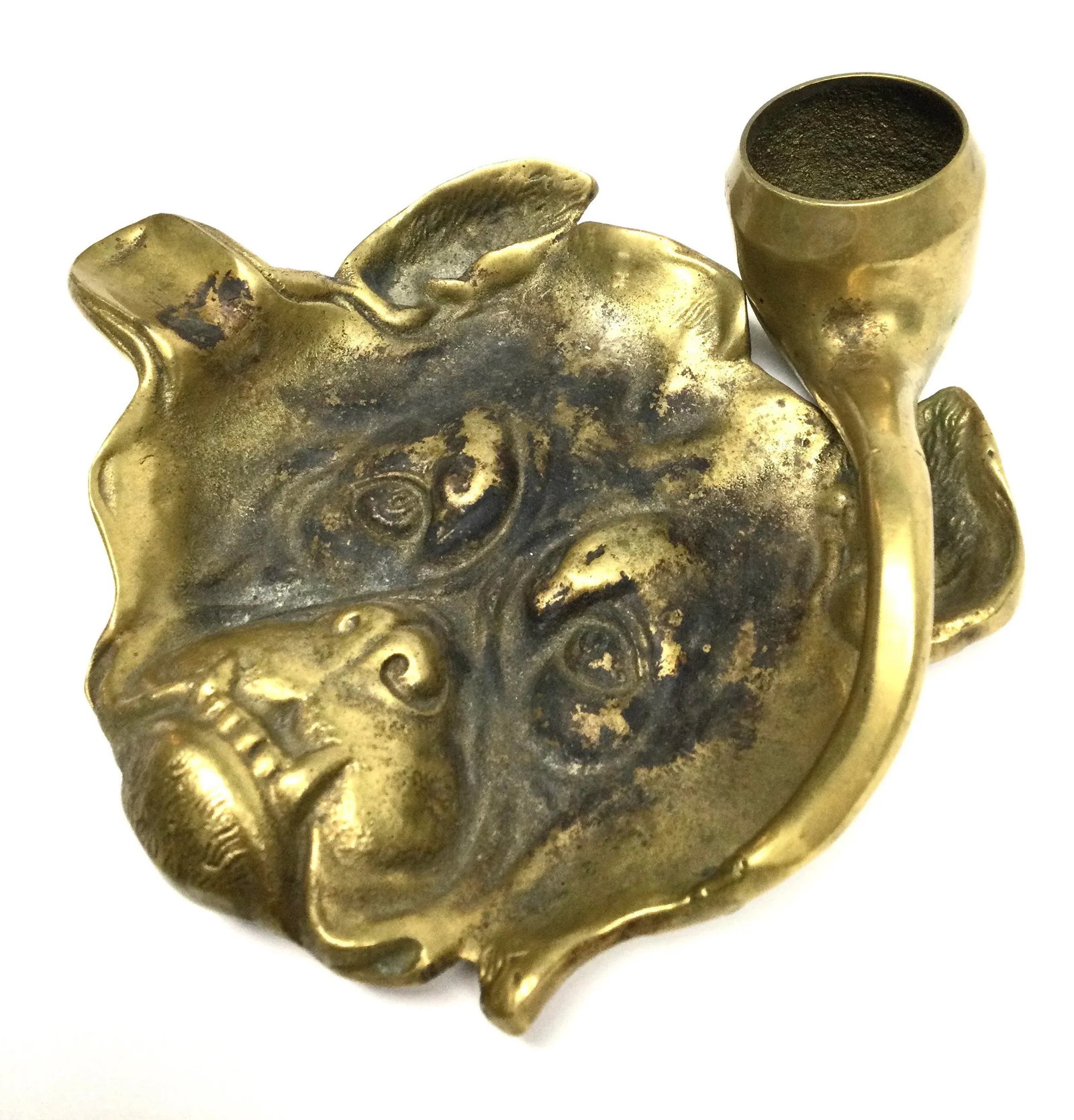 Antique Victorian Solid Brass Carved Bulldog Ashtray Match Holder - 2