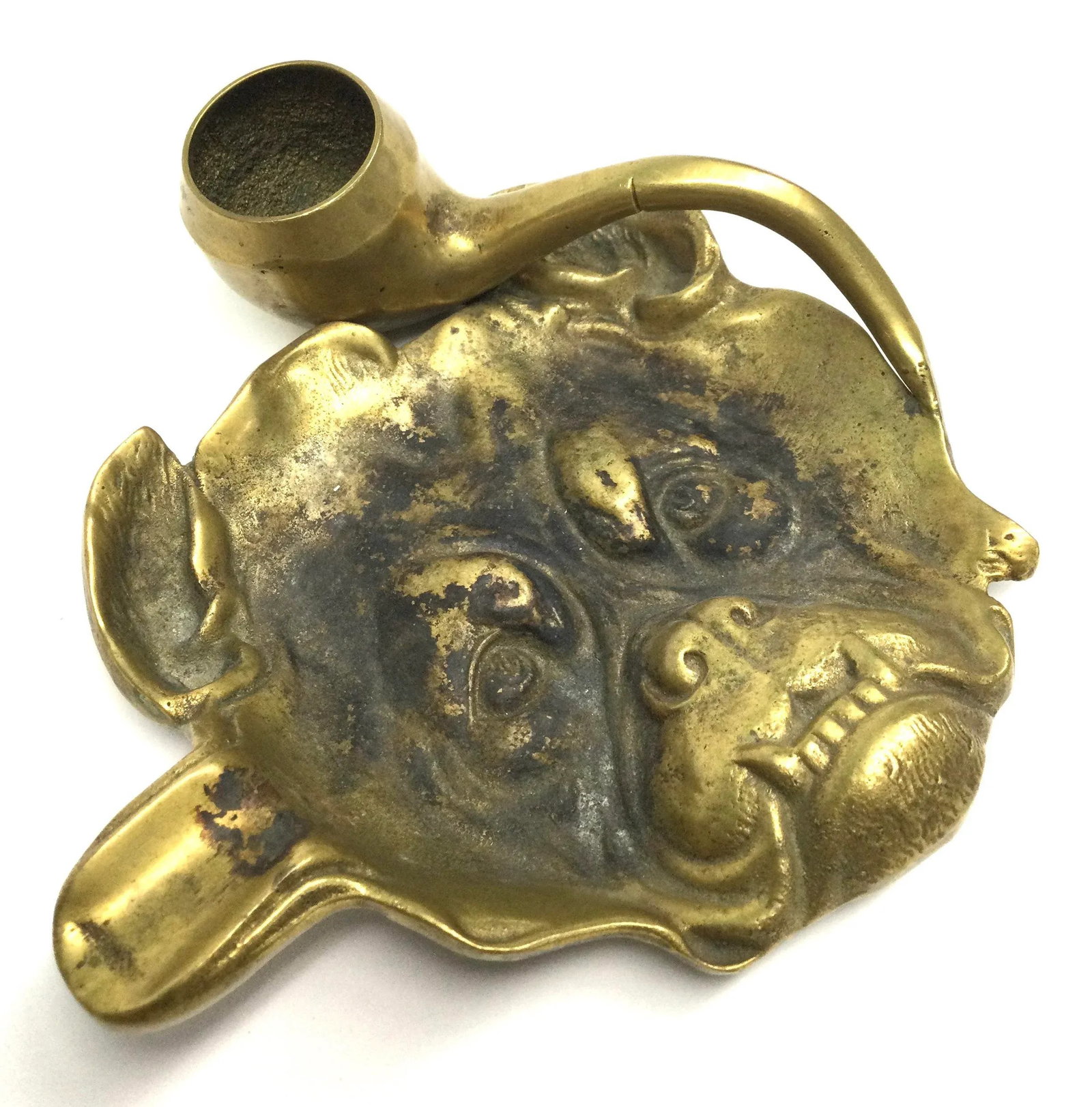 Antique Victorian Solid Brass Carved Bulldog Ashtray Match Holder - 3