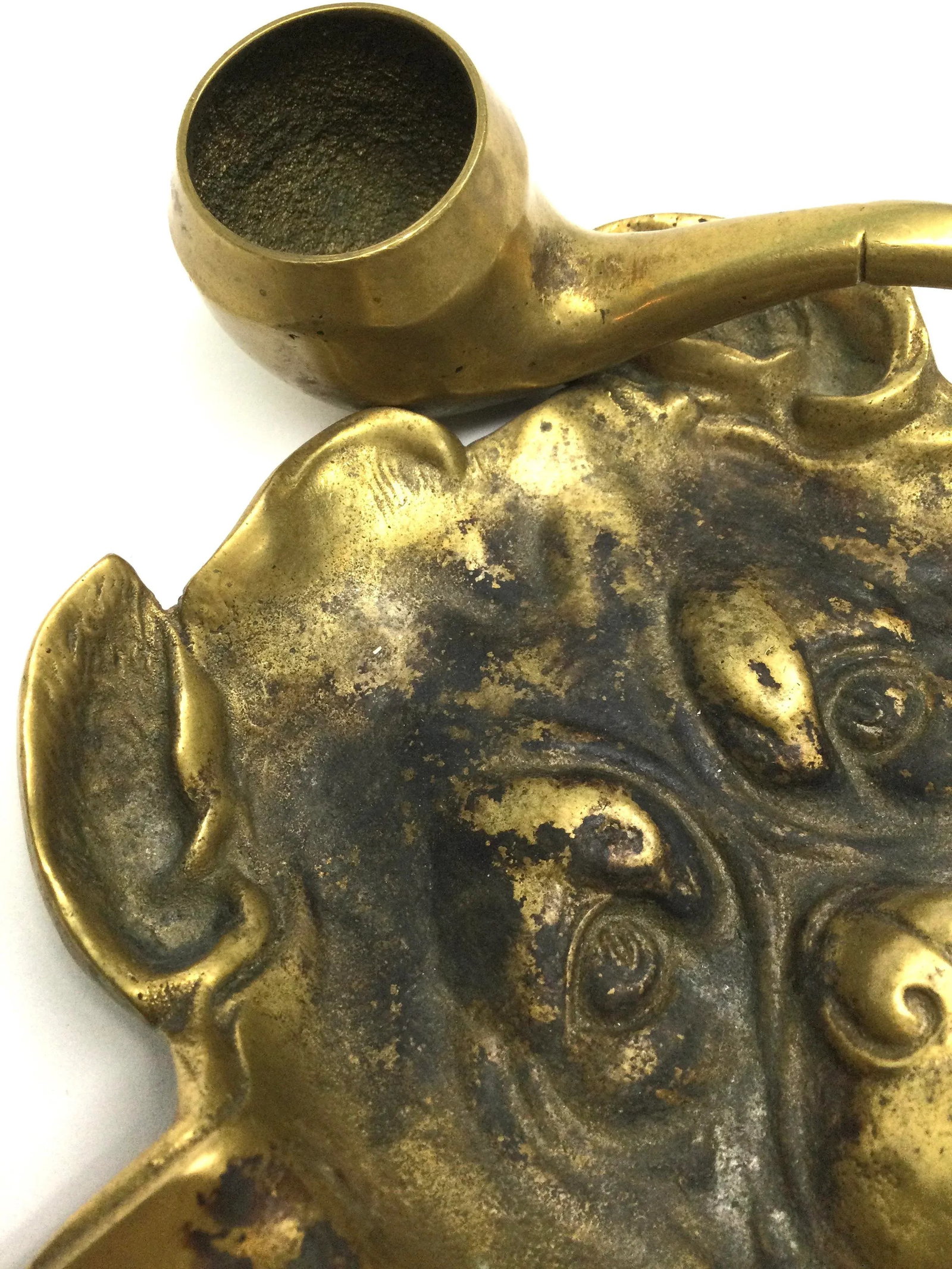 Antique Victorian Solid Brass Carved Bulldog Ashtray Match Holder - 4