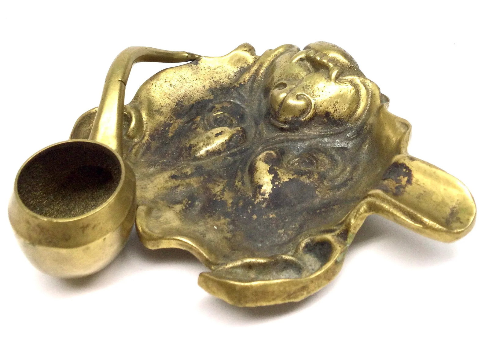 Antique Victorian Solid Brass Carved Bulldog Ashtray Match Holder - 5