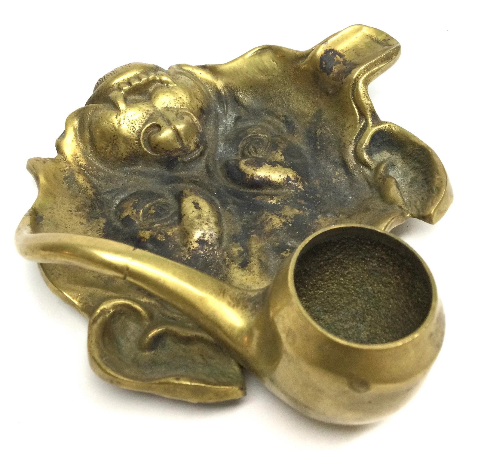 Antique Victorian Solid Brass Carved Bulldog Ashtray Match Holder - 7