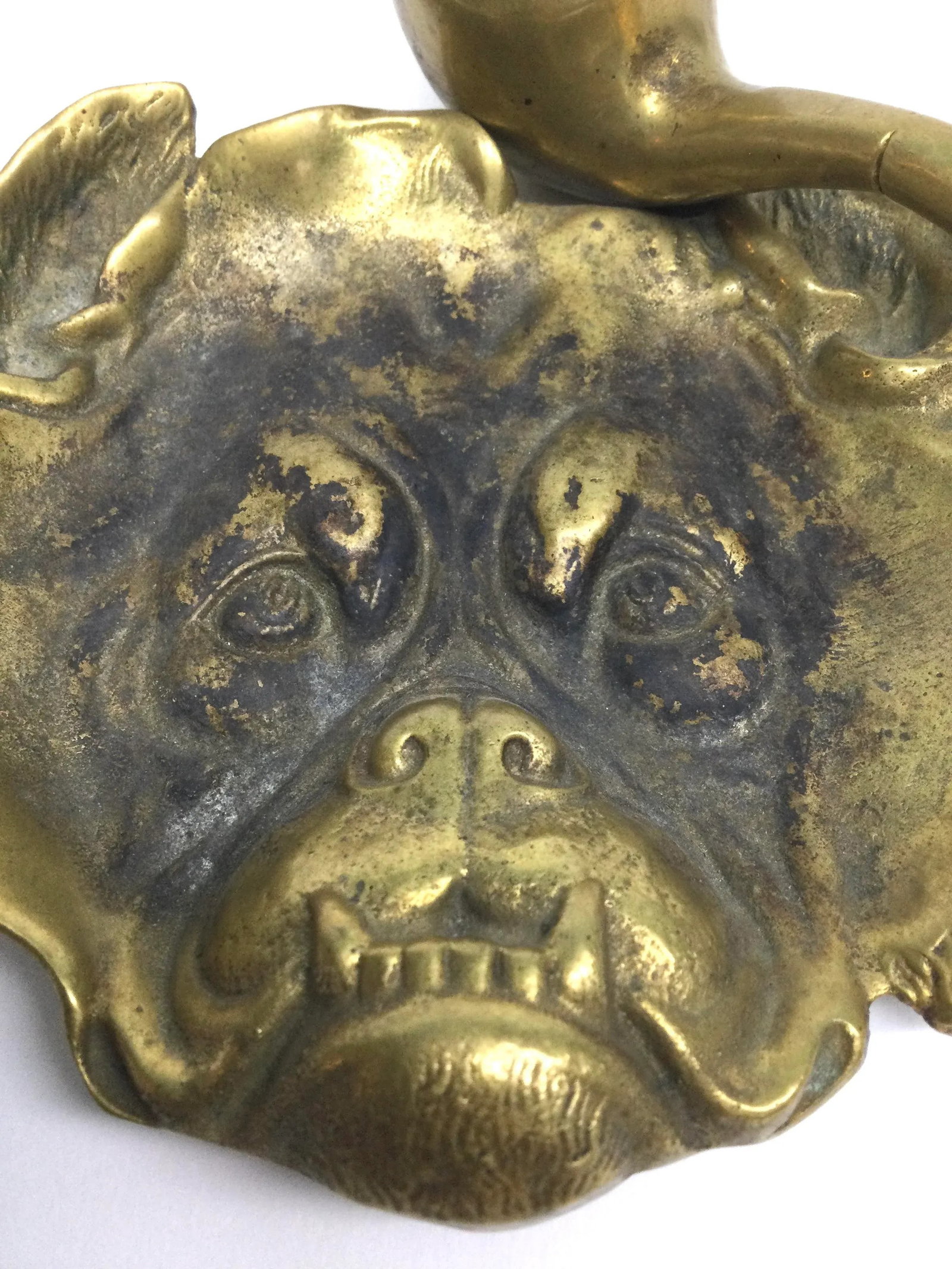Antique Victorian Solid Brass Carved Bulldog Ashtray Match Holder - 8