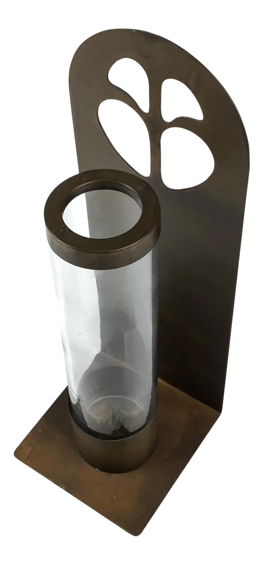 Vintage Brass & Glass Wall Hanging Candle Holder: Beautiful vintage brass or bronze candle holder. Sit it on a shelf or hang on the wall. Quite heavy with a thick glass cylinder and a brass frame around the top of the glass. A very unique piece and