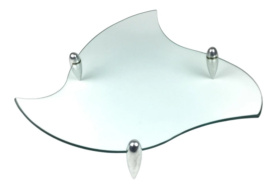 Mid-Century Modern Danish Design Serving Display Glass Plate: Fabulous clear wavy glass display tray plate on stainless steel or chrome atomic bullet design legs. Can't find a makers mark but suspect it may be Danish. I have not been able to find any