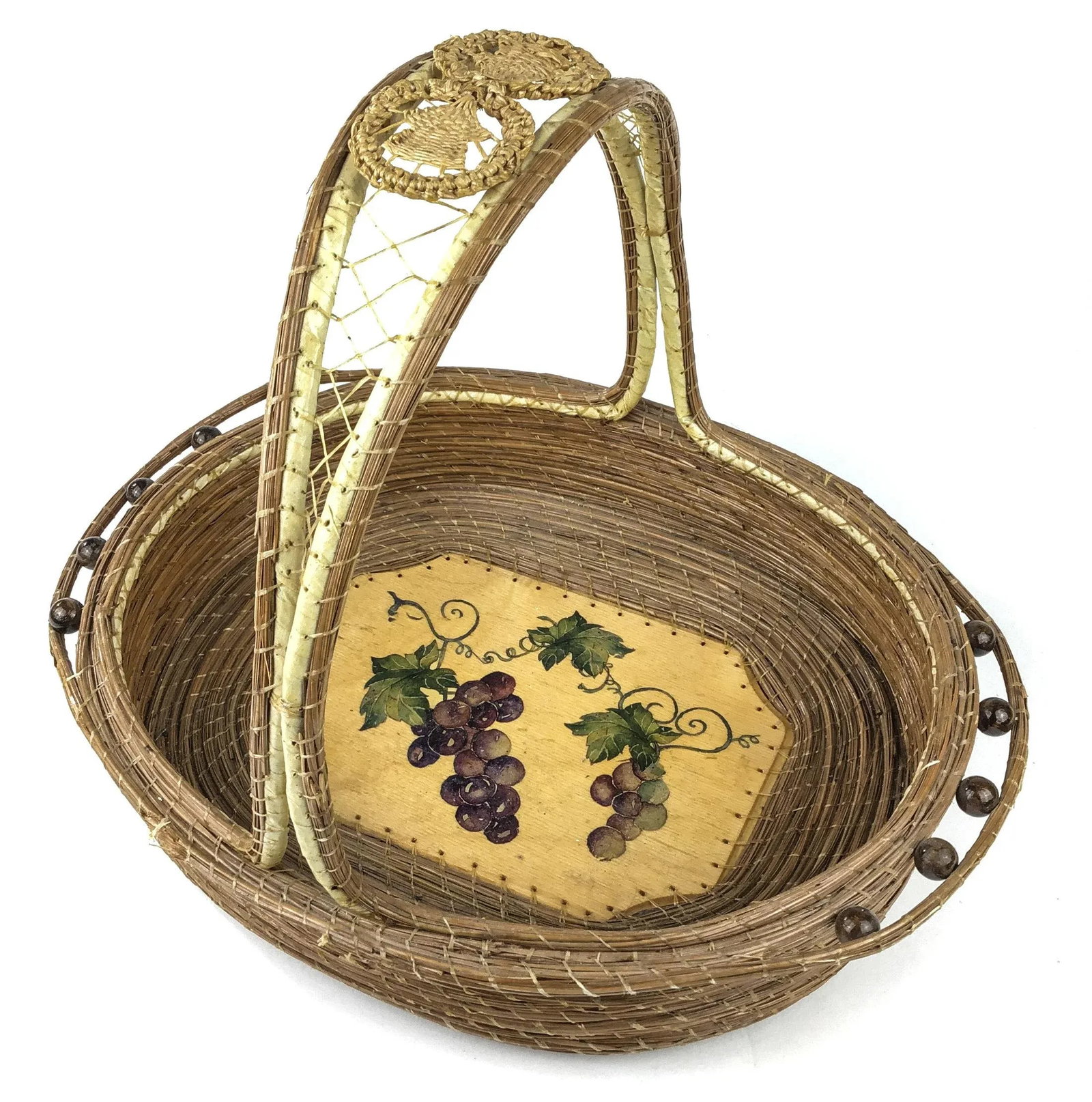 Vintage Arts and Crafts Style Hand Painted Top Handle Basket - 12