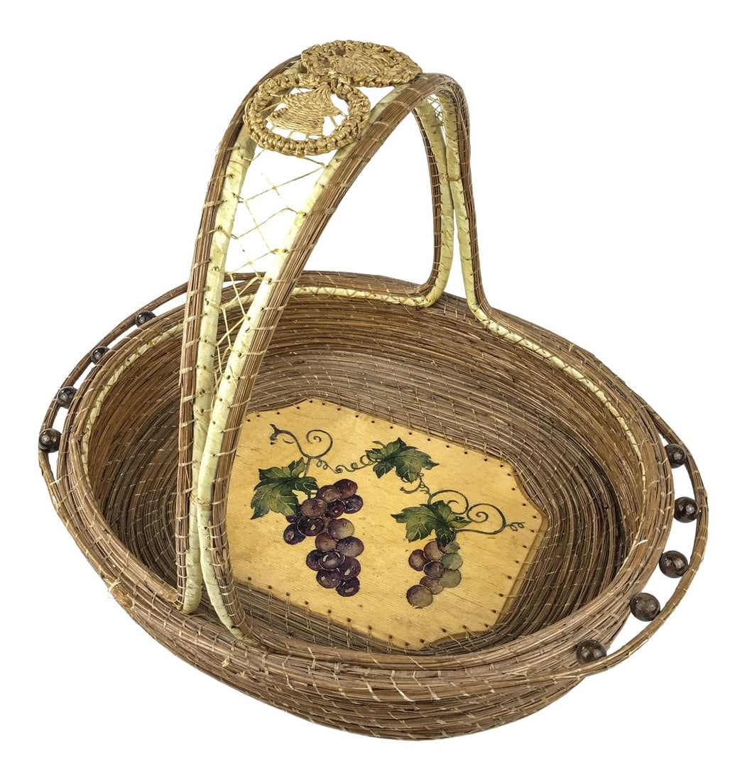Vintage Arts and Crafts Style Hand Painted Top Handle Basket: Intricate details and design have been used to produce this hand crafted wood floor basket. All of the techniques from wood beads to crochet work at the top of the handle are so perfectly shaped and