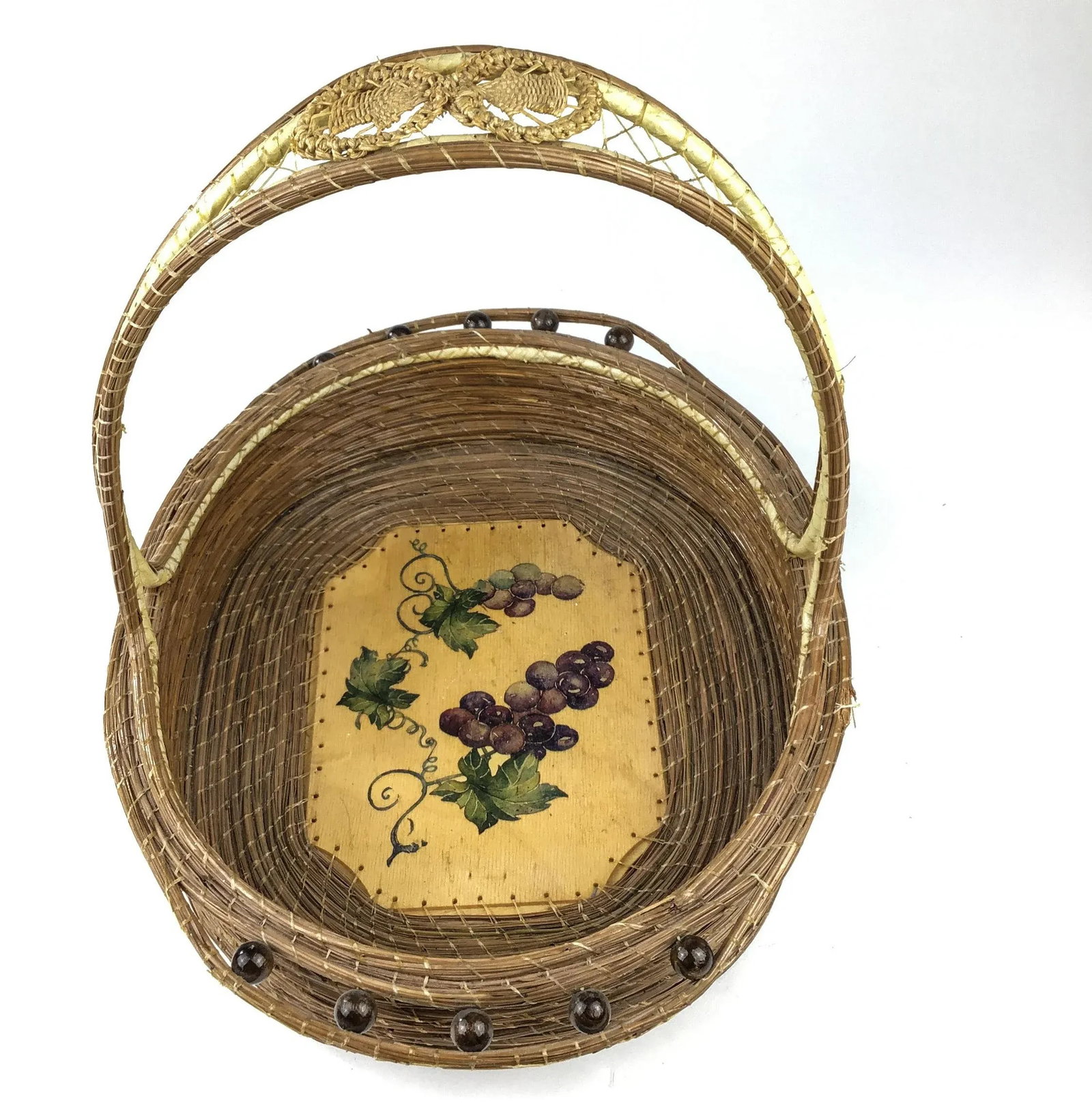 Vintage Arts and Crafts Style Hand Painted Top Handle Basket - 4