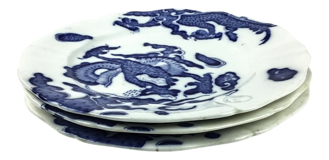 Antique Dragon Design Porcelain Plates - Set of 3: These plates were purchased in Paris from a brocant that specifically sold rare ceramics and porcelain pieces. I'm finally letting them go after decades of storage. I never could read the maker's