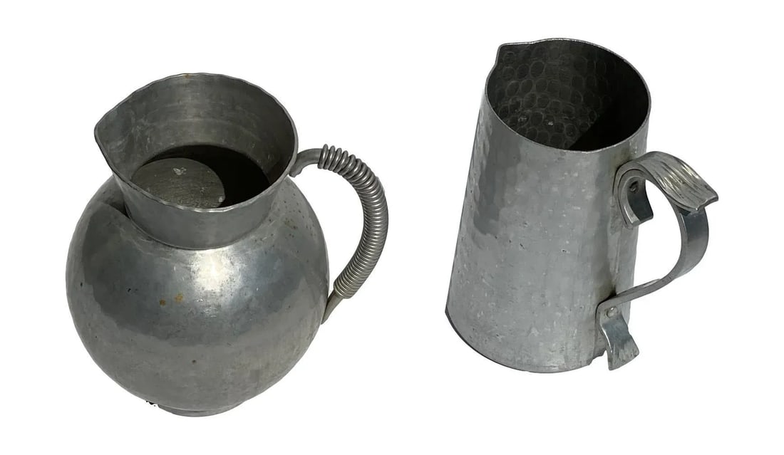 1930s Vintage Bw Buenlium Hammered Aluminum Pitchers - 2 Pieces - 7