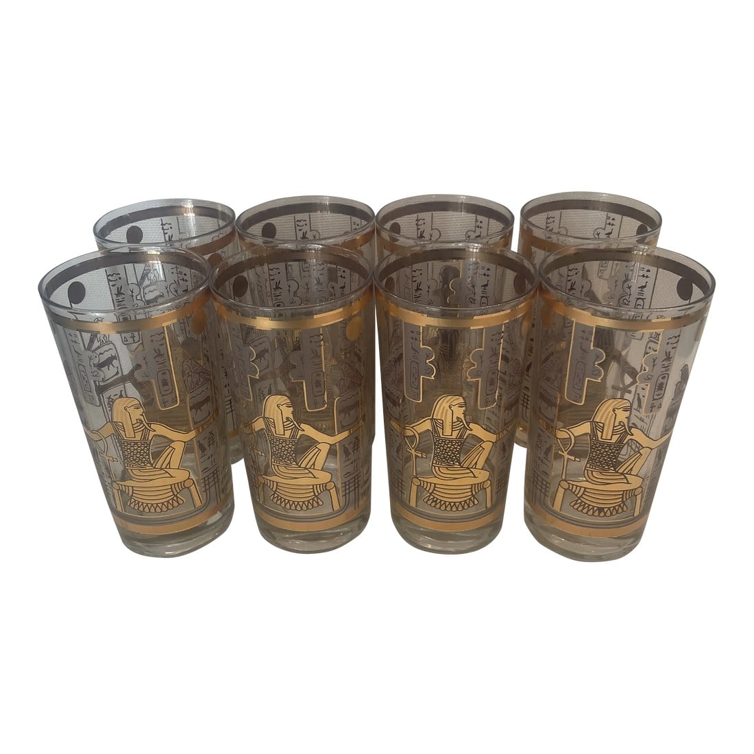 1960's Culver "Roman Cage" 22kt Highball Glasses - a Set of 8: Culver glassware is the crowning touch for your bar cart or cabinet. These vintage 1960's highballs sport an Egyptian design using 22kt gold. The pattern is believed to be "Roman Cage". This