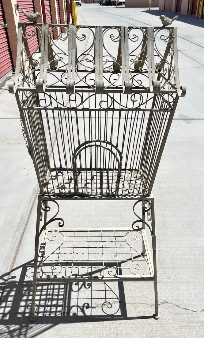 Vintage Rustic European Wrought Iron Bird Cage W/ Stand - 2