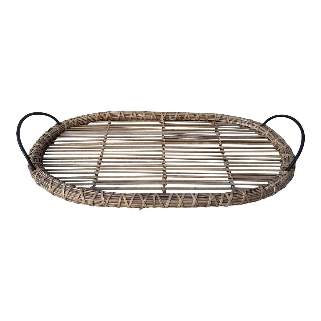 1990s Woven Arurog Rattan Serving Tray: Vintage Arurog Rattan Serving Tray with Metal Handles. Great for display with candles or serving some appetizers. Many uses. 21in w x 11.5in d x 1in h 3in h to handles Condition: Alterations: