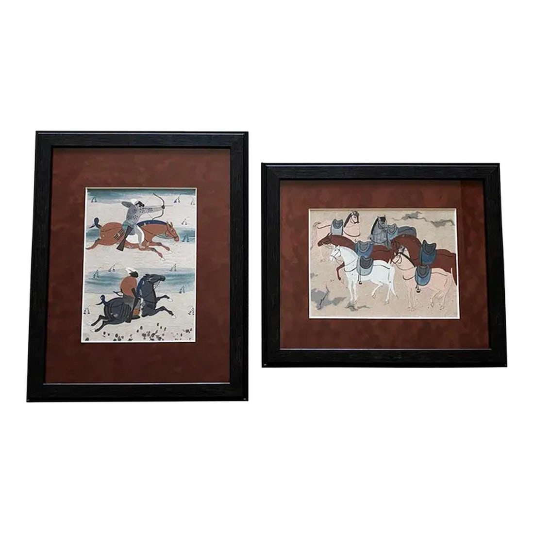 1940s Primitive Tribal Figurative Watercolor Paintings, Framed - Set of 2: 2 - Beautiful 1940's Tribal drawing/watercolors newly framed in Wood with brown suede mat. (1) Two Riders - 18"w x 22.5"h x. 75 d (1) Group of Horses 20"w x 17"h x. 75d Condition: Alterations: