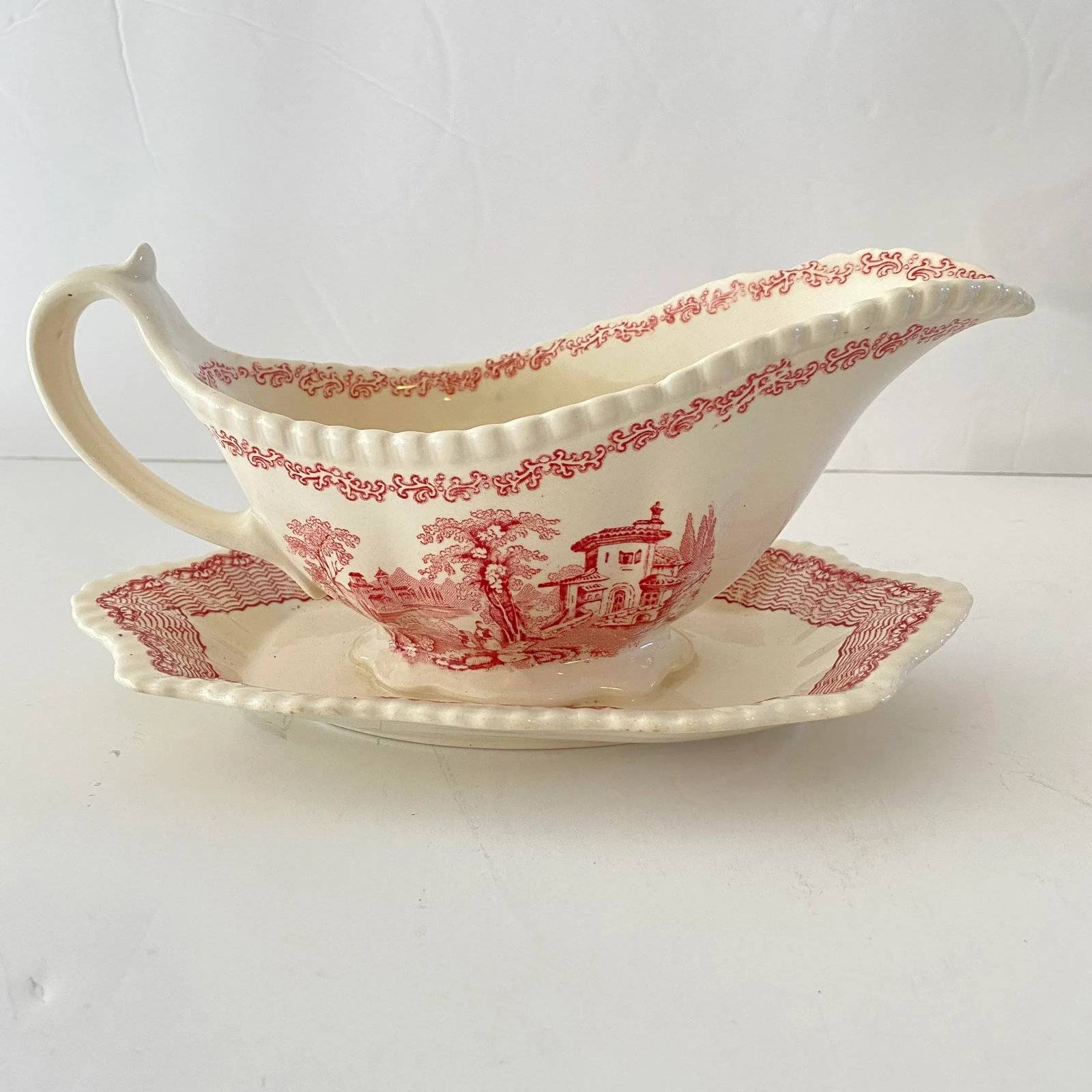 1950s Adams Mazara Red Pink Transferware Gravy Boat & Attached Underplate - 10