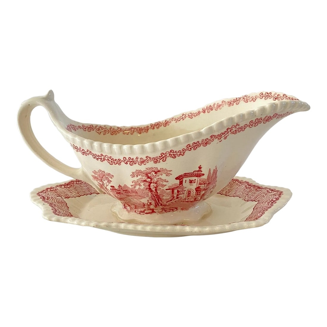 1950s Adams Mazara Red Pink Transferware Gravy Boat & Attached Underplate: Gorgeous old transferware from Adams China, circa 1950. This wonderful gravy boat and attached underplate has a scalloped design against a cream-colored glazed ceramic that is reminiscent of your favo