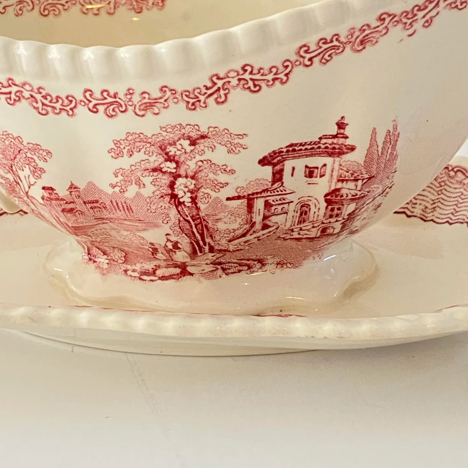1950s Adams Mazara Red Pink Transferware Gravy Boat & Attached Underplate - 2