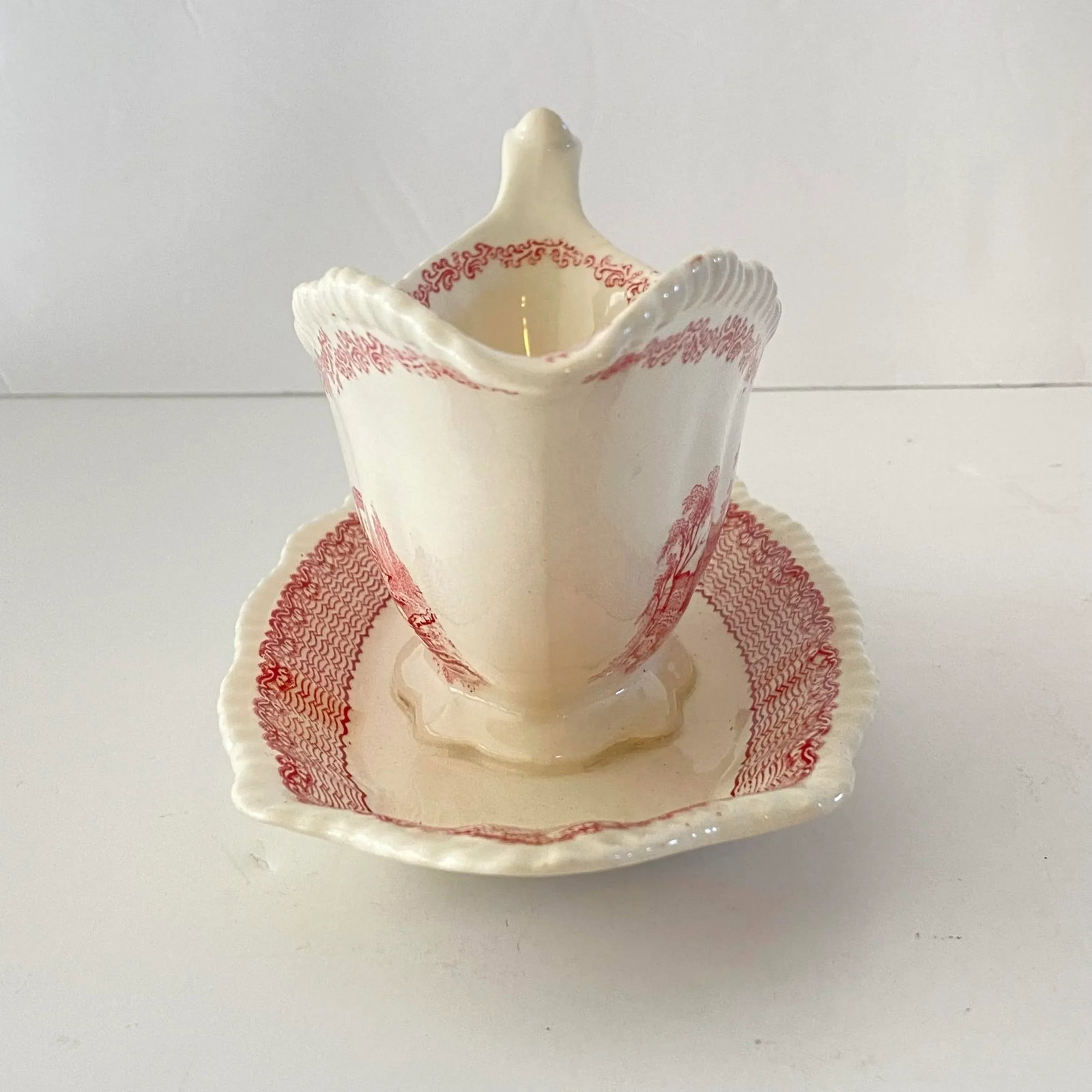 1950s Adams Mazara Red Pink Transferware Gravy Boat & Attached Underplate - 3