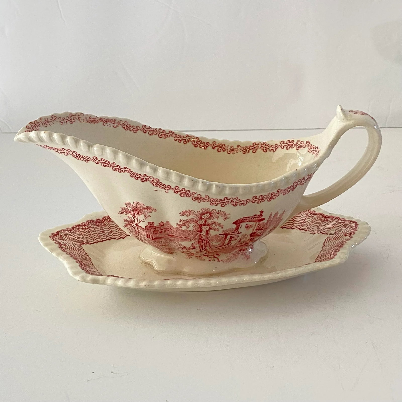 1950s Adams Mazara Red Pink Transferware Gravy Boat & Attached Underplate - 4