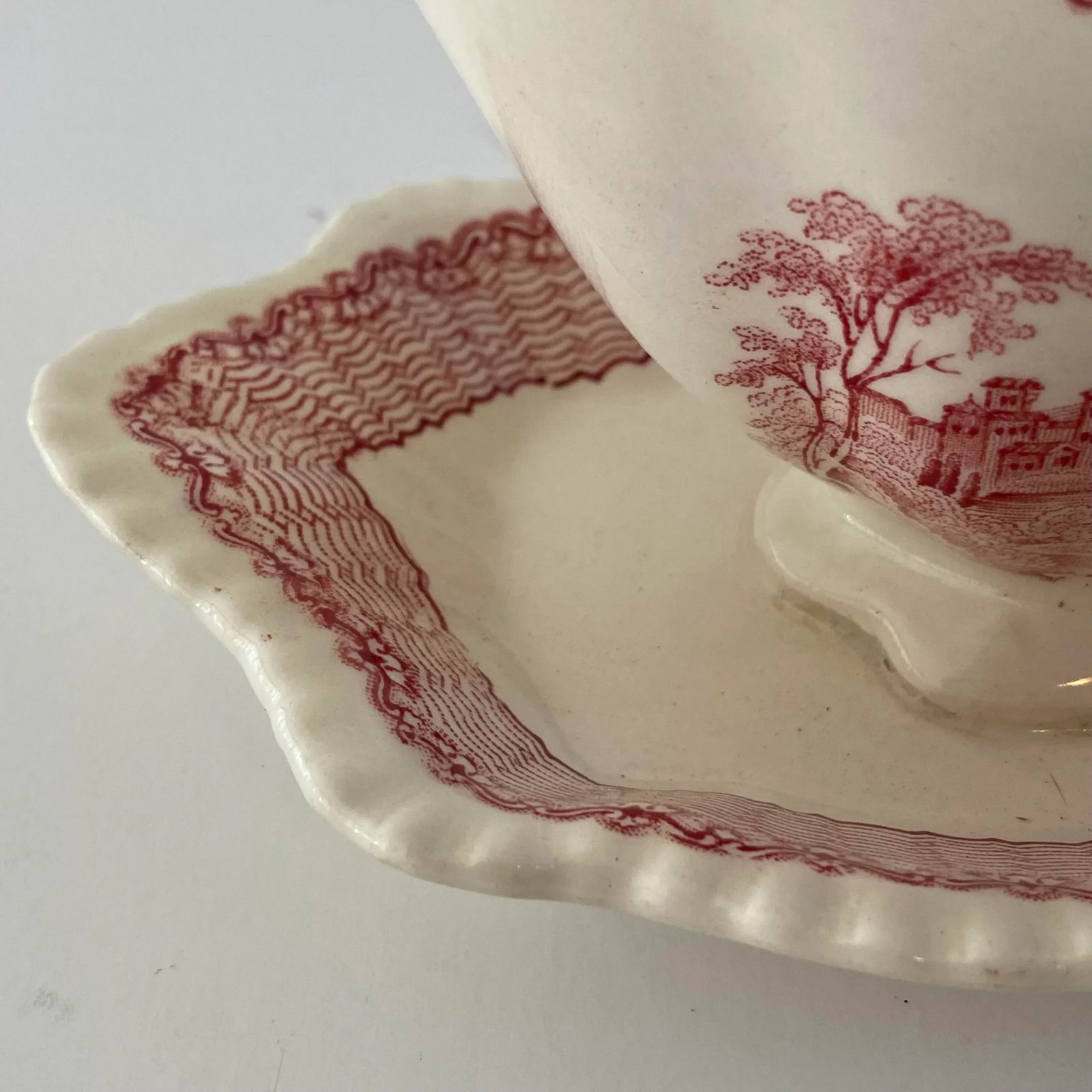 1950s Adams Mazara Red Pink Transferware Gravy Boat & Attached Underplate - 5