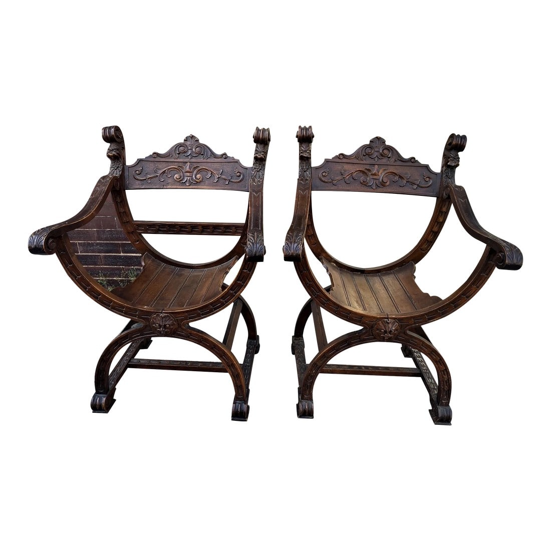 Antique Renaissance Carved Lion Heads Curule Savonarola Style Chairs - A Pair (1 of 13)