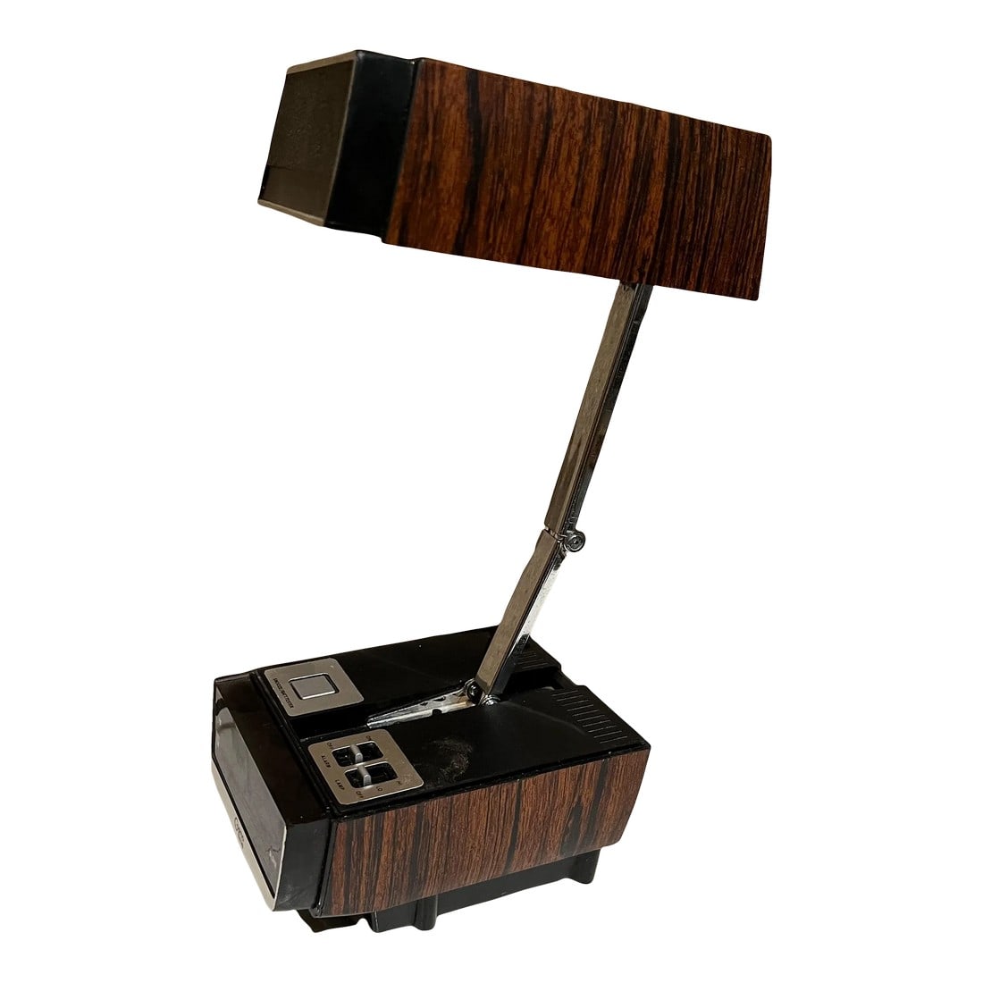 1970s Cosmo Time Folding Portable High Intensity Desk Lamp & Digital Alarm Clock: AMBIANIC presents Cosmo Time Modern Folding Intensity Lamp with Digital Alarm Clock Vintage 1970s Model 5500 A Maker stamp present 12 tall x 5.5 d x 4.5 closed 5 tall Light works! Clock at time of