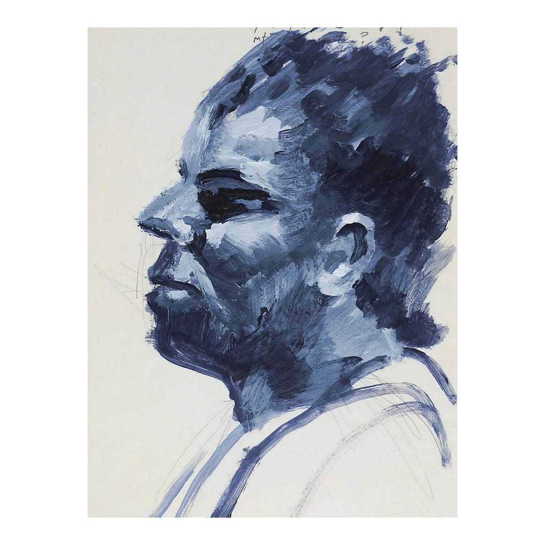 Vintage Blue Man Portrait Painting: Vintage acrylic on paper portrait of man in shades of blue gray. Unsigned. Unframed, edge wear, small corner loss, pencil notes at top edge. Condition: Alterations: Original Condition Unaltered Imperf